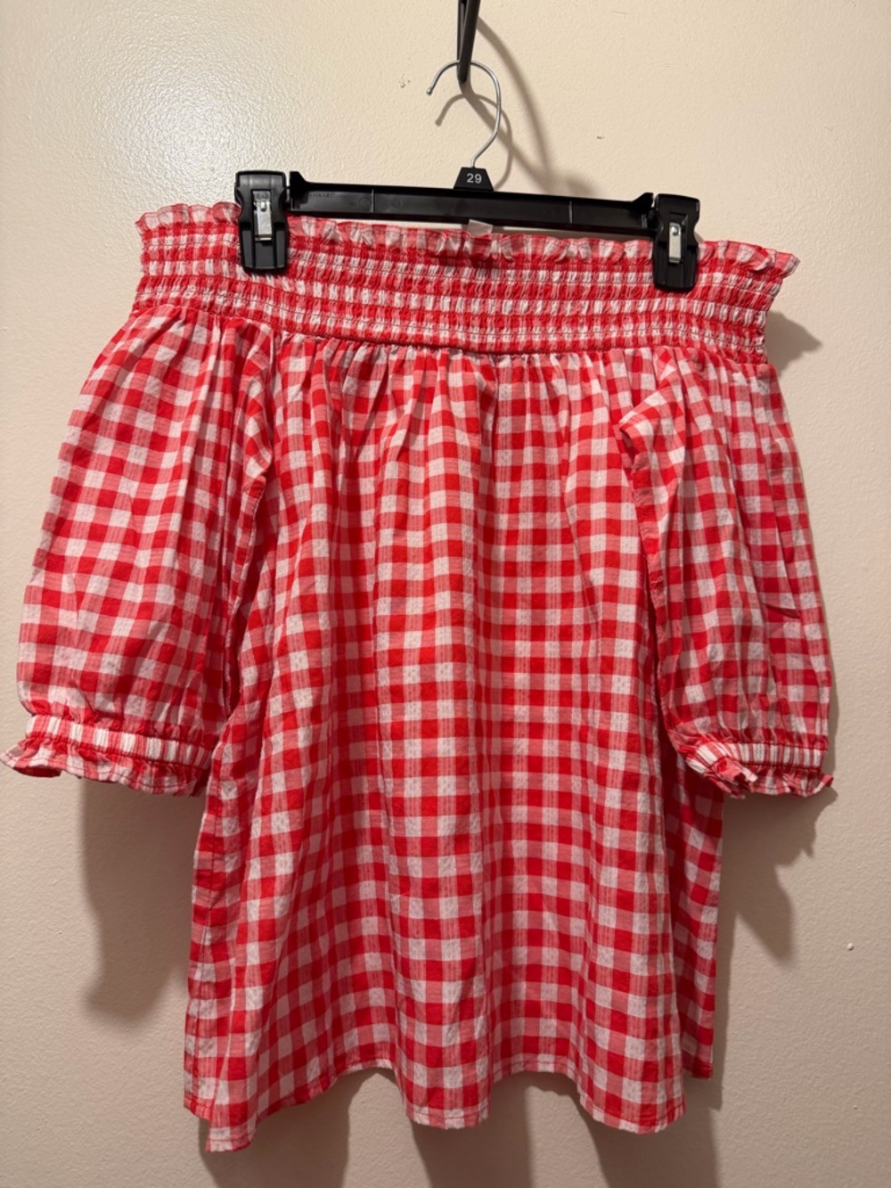 LOFT Red and White Gingham Off-Shoulder Top